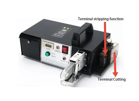 Automatic Pneumatic Terminal Crimping Machine With Electric Cold Press Function And Wire Stripping Plus Cutting Capability side view showing terminal stripping and cutting features.