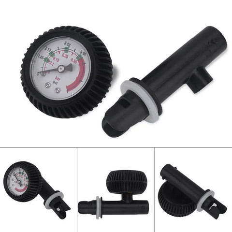 Inflatable Boat Pressure Gauge For Kayaks And Rafts, Pro Grade Nylon Build, 0 To 0.35 Bar And 5.08 Psi Range, black gauge view