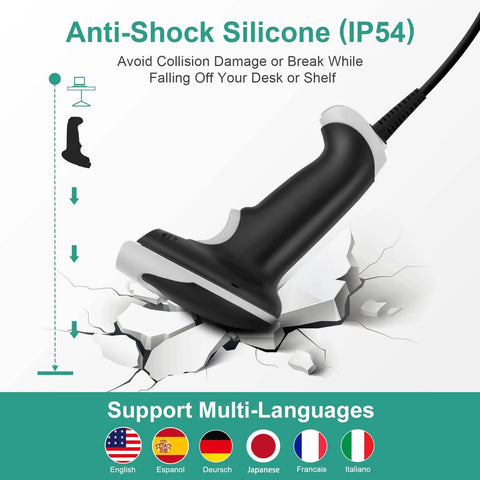 No-Fuss Handheld USB Barcode Scanner, Wired Plug And Play, 1D 2D QR PDF417 Data Matrix Reader For Windows Mac Android Linux, showing anti-shock silicone with multi-language support icons below.