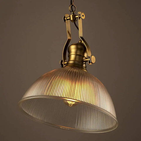 Retro Dome Pendant Light With Ribbed Glass In Brass Finish, 12 Inch Wide By 19 Inch High Hanging Lamp, single head close-up