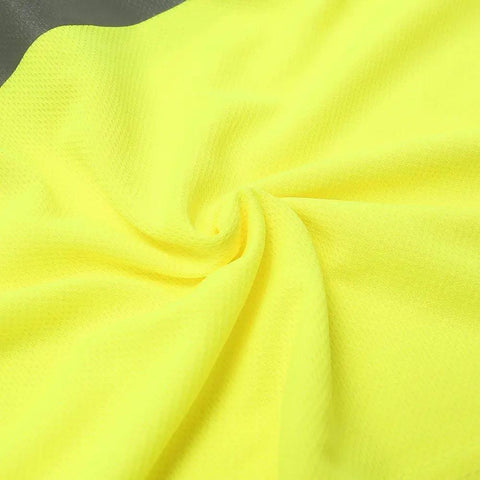 Close-up of lime yellow fabric texture for Hi Vis Class 3 T Shirt With Reflective Strips, moisture wicking 100 percent polyester knit