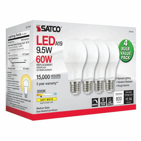 4 Pack 9.5W A19 LED Light Bulbs Warm White 3000K Stay Lit Medium Base Frosted Finish Damp Location Rated Box