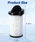 6 Pack HEPA Pre Motor Filter Replacement With Extra Hand Brushes Fits Eye Vac And Neo Vac Touchless Stationary Vacs showing dimensions 5.63in x 2.42in.