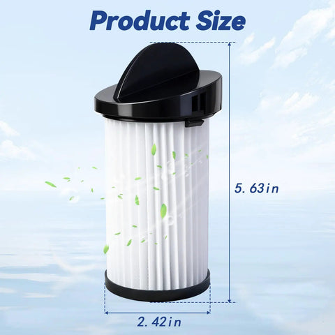 6 Pack HEPA Pre Motor Filter Replacement With Extra Hand Brushes Fits Eye Vac And Neo Vac Touchless Stationary Vacs showing dimensions 5.63in x 2.42in.