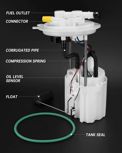 Electric Fuel Pump Module Assembly For Nissan Versa And Versa Note 1.6L L4; labeled parts with fuel outlet, connector, and tank seal.