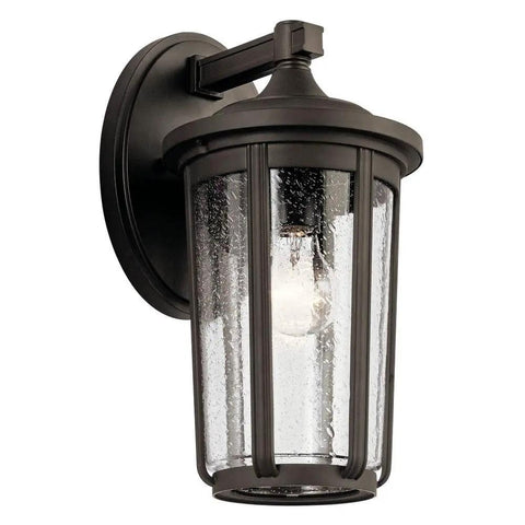 Olde Bronze 14.5 Inch Outdoor Wall Light Lantern with 1 Light, wet location, aluminum construction, 6.25 x 8.75 backplate