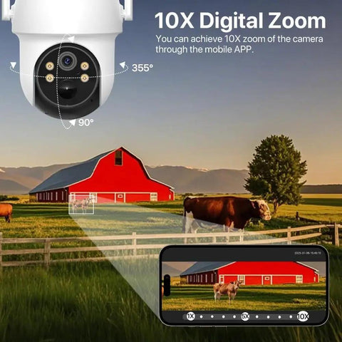 Heavy Duty 4Mp Outdoor Wifi Ptz Security Ip Camera With Smooth 6X Optical Zoom Solar Panel Charging Built In Battery showing digital zoom on mobile app.