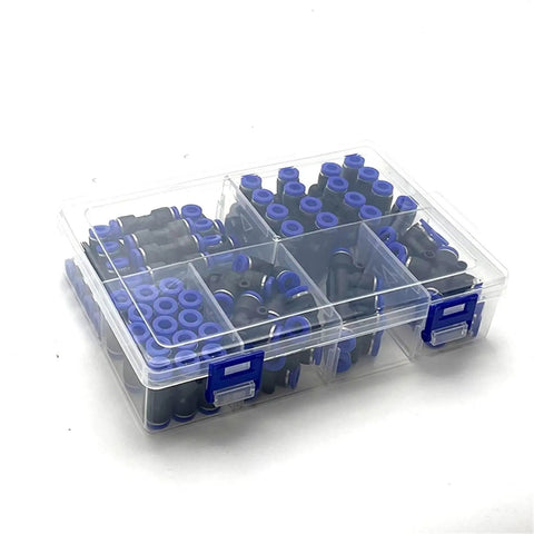 Top Shelf Pneumatic Push To Connect Fittings Kit featuring 62 Pieces Of 6mm OD Air Tube Pipe Connectors For Quick And Easy Tool Free Installation With Secure Sealing Structure And Smooth Release Rings Perfect For Any Garage Or Workshop Setup You Need., clear organizer box with 6mm pneumatic push fittings