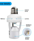 Motion Sensor Light Socket With PIR Detector E26 E27 Bulb Adapter Auto On Off Night Light Adjustable Ambient Light And Run Time Ideal For Garage Laundry Room Storage Area, white plastic