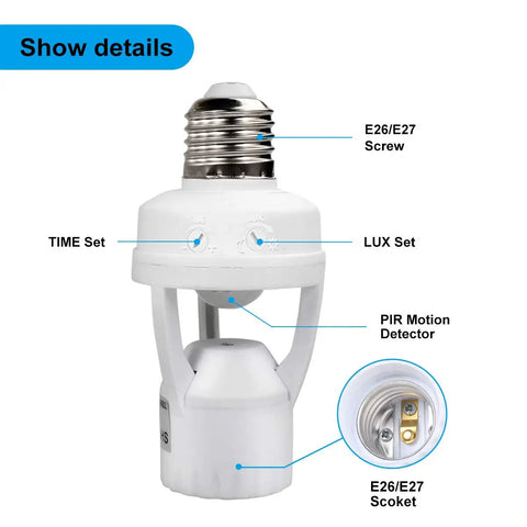 Motion Sensor Light Socket With PIR Detector E26 E27 Bulb Adapter Auto On Off Night Light Adjustable Ambient Light And Run Time Ideal For Garage Laundry Room Storage Area, white plastic