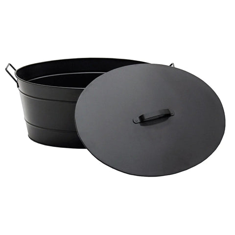 Oval Black Iron Tub With Lid For Pellets Coal And Ashes Storage A Multi Functional Bin In A Sleek Black Finish Durable And Easy To Use For Pellets Or Ash Removal Perfect For Fireplaces Or Stoves