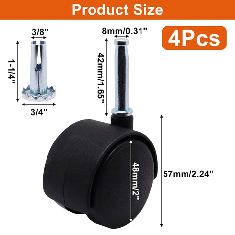 SWZHAI 2-inch black nylon swivel caster wheels with M8 grip neck stems, set of 4.