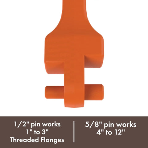 Petol Flange Wrench With Dual Pins One Half Inch Pin Fits One Inch To Three Inch Threaded Flanges And Five Eighths Inch Pin Fits Four Inch To Twelve Inch Flanges Easy Bolt Hole Insertion Heavy Duty Hand Tool For Plumbing Piping And Maintenance orange pin detail with size use text
