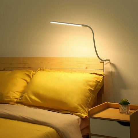 Space Saving Clip On Desk Lamp With Clamp USB Gooseneck Reading Light 450 Lumens 3 Color Modes And Dimmable Brightness on bed