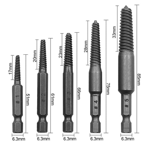 Cool Bolt Extractor Set That Nails Stripped Screw Removal For Wood Or Metal Fast And Tough Tools Perfect For Automotive Garage Work Home Projects Or Industrial Jobs You Gonna Love How Well This Shank Flute Kit Unwinds Stuck Bolts And Save Your Day. 5-piece steel screw extractor set, 6.3mm hex shank, 17-33mm sizes