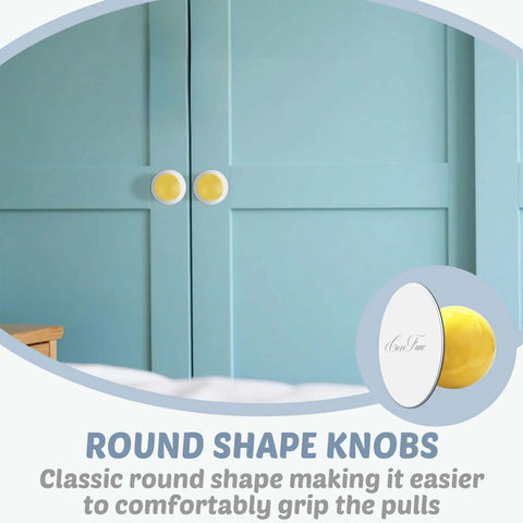 Slick Self Stick Cabinet Knobs 10 Pack Yellow Ceramic Ball Pulls Drill Free on blue cabinet doors, round shape for easy grip.