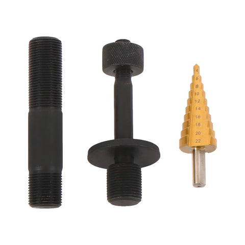 Pro Grade 15 Ton Hydraulic Knockout Punch Kit components with threaded tools and stepped drill bit