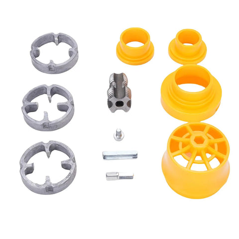 Electric Drill Pipe Threader For PVC, Reusable Die Kit with assorted metal and yellow plastic components for plumbing projects.
