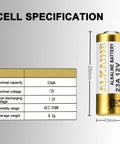 Top Tier A23 23A 12V Alkaline Batteries Five Pack specifications showing size, capacity, voltage for garage doors and remotes.
