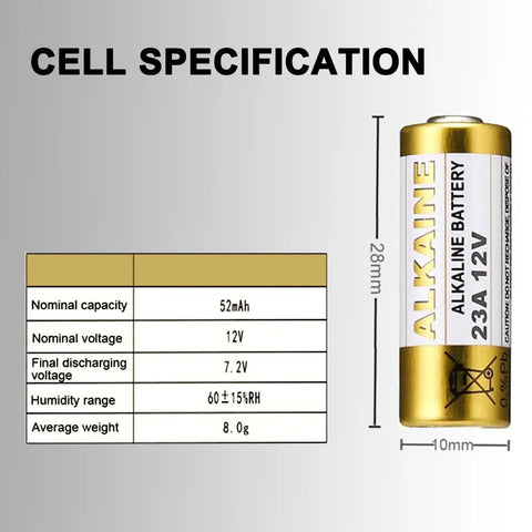 Top Tier A23 23A 12V Alkaline Batteries Five Pack specifications showing size, capacity, voltage for garage doors and remotes.