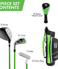Junior Golf Club Set For Ages 3 To 5 Left Handed Beginner Starter Kit with clubs, bag, and driver head cover.