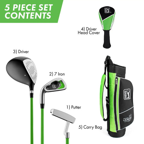 Junior Golf Club Set For Ages 3 To 5 Left Handed Beginner Starter Kit with clubs, bag, and driver head cover.