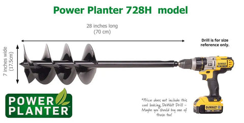 Auger Drill Bit Extension 7 Inch By 28 Inch With Half Inch Hex Drive Heavy Duty Garden Auger For Planting Gallon Pots Trees Shrubs And Post Holes Perfect Tool For Dirt Sand Soil And Clay shown with drill for scale.