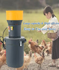 Electric Grain Mill Grinder 1000W Dust Free Operation Detachable Hopper 5 Sieves in farm setting with chickens and child