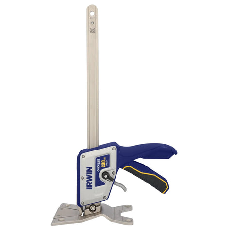 IRWIN Quick-Lift construction jack with blue handle and metal body; lifts up to 10 in, 330 lb capacity.