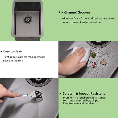 Undermount 14 Inch Bar Sink Black Stainless Steel Single Bowl 16 Gauge with drain, cleaning and resistance features diagram