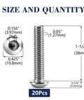 Top Shelf 1/4 20 X 1 1/2 Inch Button Head Socket Cap Bolts 20 Pack 304 Stainless Steel Rust Resistant Screw Set dimensions and quantity