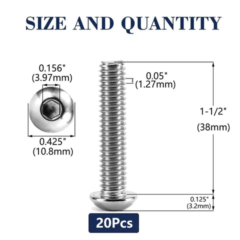 Top Shelf 1/4 20 X 1 1/2 Inch Button Head Socket Cap Bolts 20 Pack 304 Stainless Steel Rust Resistant Screw Set dimensions and quantity