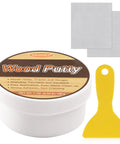 Water Based Wood Filler White Wood Putty For Trim And Cabinet Repair Paintable Stainable Formula Easy To Sand And Restore Furniture Floors Doors With Zero Hassle And Killer Finish, 7 oz tub with yellow applicator and sanding sheets.