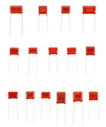 Metallized Polypropylene Film Capacitors Assortment Kit, 150 Pcs, 15 Values, DC 400V and 630V, displayed in rows