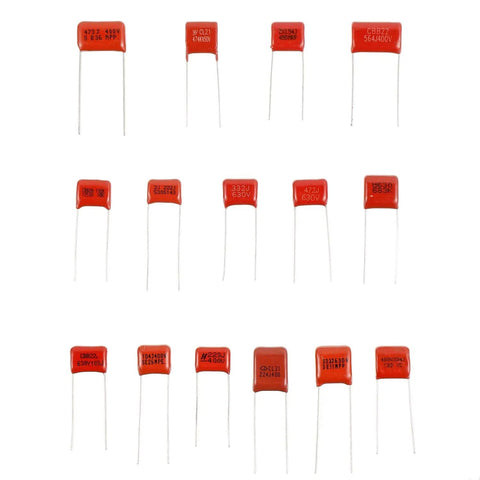 Metallized Polypropylene Film Capacitors Assortment Kit, 150 Pcs, 15 Values, DC 400V and 630V, displayed in rows
