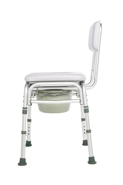 Side view of Lumex Deluxe Padded Shower Chair With Commode Opening, adjustable seat, 300 lb capacity, knock down design.