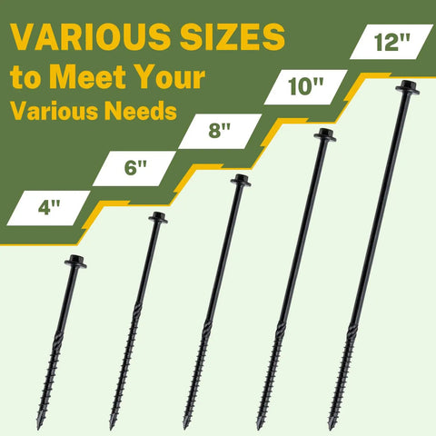 Various sizes of Heavy Duty Timber Screws Six Inch Structural Lag Bolts With Hex Washer Head and Knurled Shank.