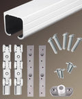 Slick Heavy Duty Sliding Barn Door Hardware Kit With Top Hung Rolling Track includes aluminum rail, steel pulleys, and mounting hardware.