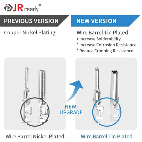 Comparison of Deutsch DT Connector Kit pin plating: previous copper nickel plated vs new wire barrel tin plated for better solderability.
