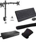 Smooth Workstation Setup Featuring Heavy Duty USB C Dock With 130W PD 4K Video Output Ethernet Port And Sick Adjustable Monitor Arm Paired With Cracked Wireless Keyboard Mouse Kit Plus Gel Wrist Rest For Your Dream Home Office Flex features a USB C dock, monitor arm, keyboard, mouse, and gel wrist rest.