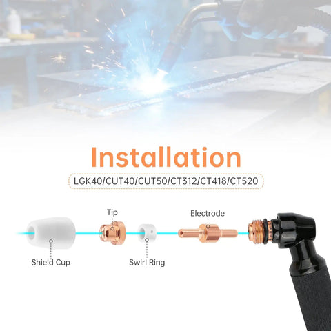 Diagram showing installation of 60 Piece PT31 Plasma Cutter Consumables Kit For PT31 JG40 LG40 Torches With Shield Cups Nozzles Rings And Electrodes Pro Grade Heavy Duty Wear Parts For Precise Cuts, with labeled components.