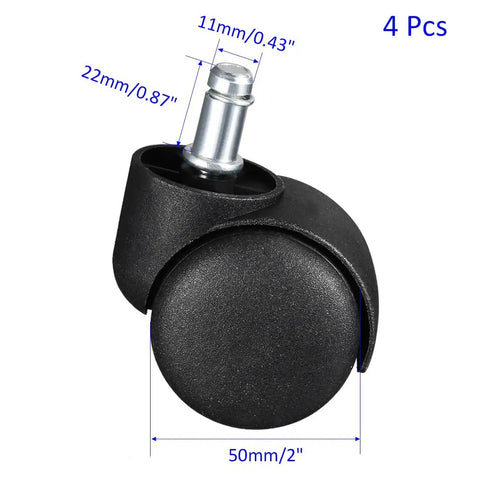Four Piece Black Nylon Swivel Twin Wheel Stem Casters Hard As Nails Top Shelf Replacement Furniture Rolls Built Tough For Cabinets Shelves Chairs Easy Install Two Inch Diameter Smooth Glide Workhorse. Close-up of 2-inch black nylon caster with 11mm stem.