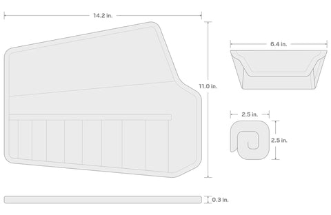 Technical diagram of Eight Tool Stubby Wrench Roll Organizer For Five Sixteenths To Three Quarters Inch Stubby Wrenches with dimensions.