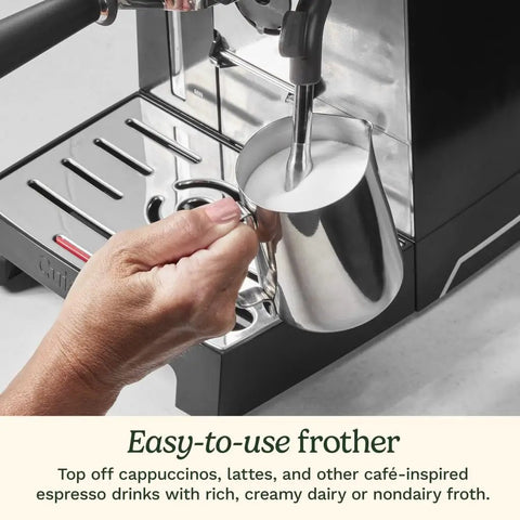 Professional Grade Home Espresso Maker Featuring Solid Twenty Bar Pressure And A Stainless Steel Bottomless Portafilter For Straight Up Cafe Kick And Zero Fuss Brewing Any Day, with hand frothing milk.