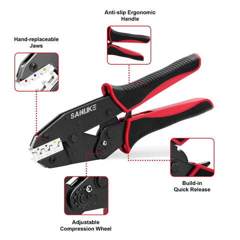 Ratchet Crimping Tool For Heat Shrink Connectors AWG 22 To 10 Pro Wire Crimper with ergonomic handle and replaceable jaws