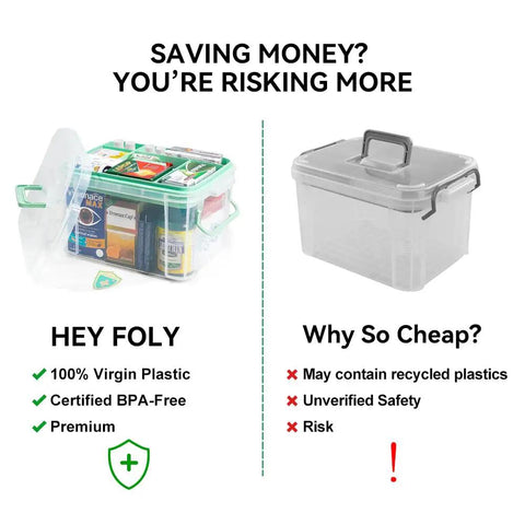 Comparison of two medicine organizers, with 15 Qt Clear Medicine Organizer With Tray And Lids Thickened Plastic First Aid Box Multipurpose Medical Caddy on the left.