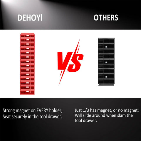 Comparison between red magnetic modular wrench organizer set for tool drawers and a black non-magnetic version