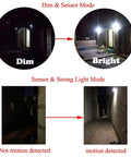 Solar Motion Sensor Outdoor Light, LED Flood Security Lighting in Stainless Steel, showing dim and bright modes.