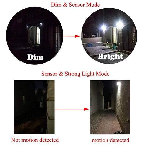 Solar Motion Sensor Outdoor Light, LED Flood Security Lighting in Stainless Steel, showing dim and bright modes.