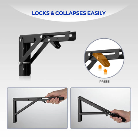 10 Inch Folding Shelf Brackets Set Of 2 Matte Black Heavy Duty Stainless Steel Triangular Design for easy locking and collapsing